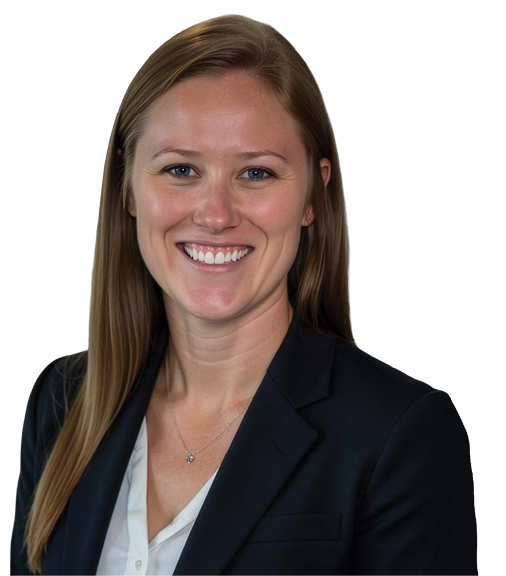 A woman wearing a black suit and white shirt. Description generated by AI