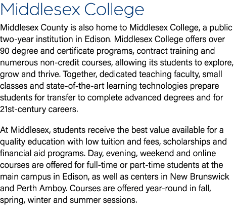 Middlesex College Middlesex County is also home to Middlesex College, a public two year institution in Edison. Middle...