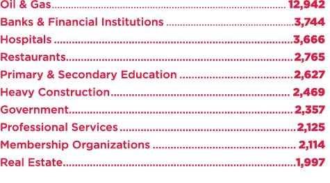 Oil & Gas 12,942 Banks & Financial Institutions 3,744 Hospitals 3,666 Restaurants 2,765 Primary & Secondary Education...