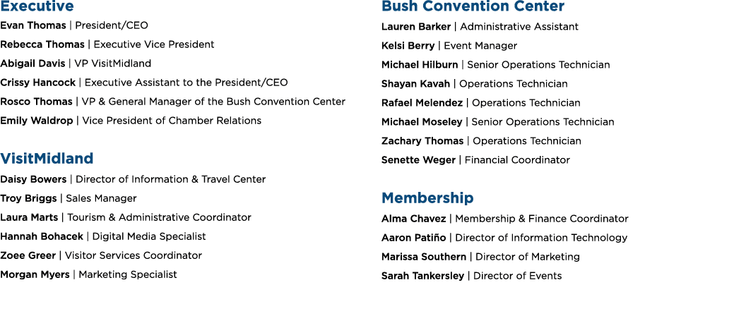 Executive Evan Thomas | President/CEO Rebecca Thomas | Executive Vice President Abigail Davis | VP VisitMidland Criss...