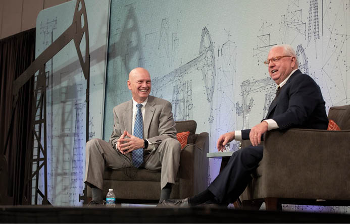 Pioneer Natural Resources’ President and Chief Operations Officer Really Richard Dealy engages in a Q and A with Midland Chamber of Commerce’s President and CEO Bobby Burns at the Midland Chamber of Commerce’s 2023 State of Oil and Gas luncheon Tuesday at the Bush Convention Center in Midland. (Courtesy Photo/ Jacob Ford, The Oilfield Photographer)