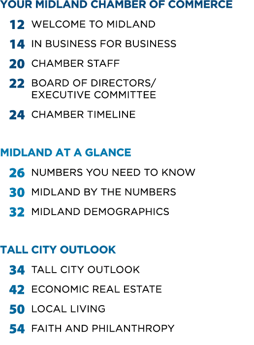 YOUR MIDLAND CHAMBER OF COMMERCE 12 Welcome to Midland 14 In Business for Business 20 Chamber Staff 22 Board of Direc...