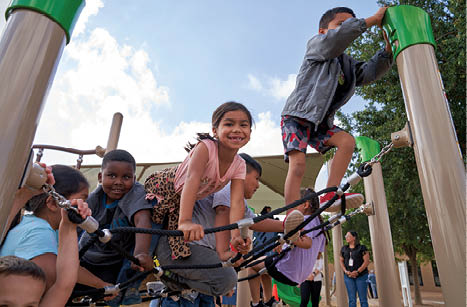 De Zavala Elementary students enjoy their new playgrounds on Wednesday, May 3, 2023. Two playgrounds were installed: one for larger students and a special smaller playground for pre-kindergarteners and kindergarteners. The playgrounds were made possible in part thanks to the generosity of Pioneer Natural Resources, Warren Charitable Foundation and First Presbyterian Church. TREVOR HAWES/MIDLAND ISD