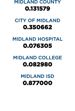 MIDLAND COUNTY 0.131579 CITY OF MIDLAND 0.350662 MIDLAND HOSPITAL 0.076305 MIDLAND COLLEGE 0.082980 MIDLAND ISD 0.877...