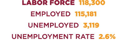 Labor ForcE 118,300 Employed 115,181 Unemployed 3,119 UNEMPLOYMENT RATE 2.6% 