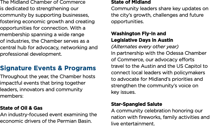 The Midland Chamber of Commerce is dedicated to strengthening our community by supporting businesses, fostering econo...