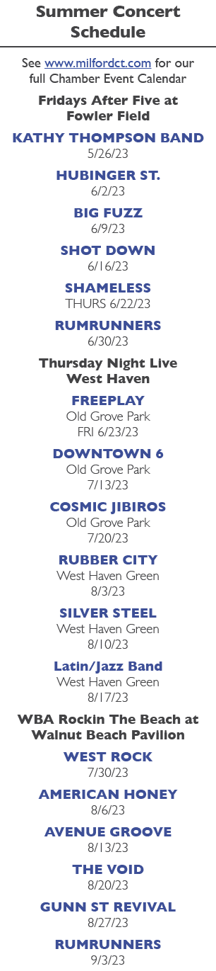 Summer Concert Schedule See www.milfordct.com for our full Chamber Event Calendar Fridays After Five at Fowler Field ...