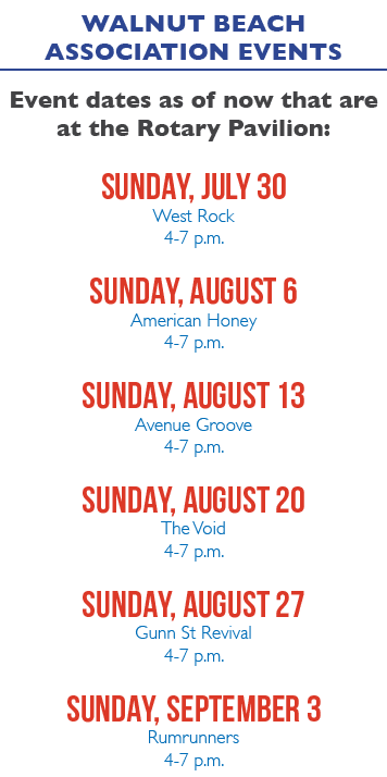 Walnut Beach Association Events Event dates as of now that are at the Rotary Pavilion: Sunday, July 30 West Rock 4 7 ...