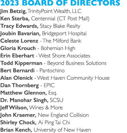 2023 Board of Directors Jim Betzig, TrinityPoint Wealth, LLC Ken Sterba, Centennial (CT Post Mall) Tracy Edwards, Sta...