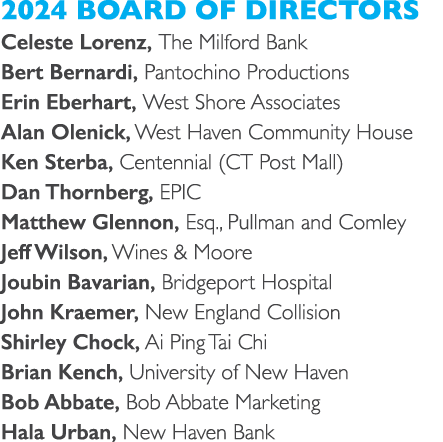 2024 Board of Directors Celeste Lorenz, The Milford Bank Bert Bernardi, Pantochino Productions Erin Eberhart, West Sh...