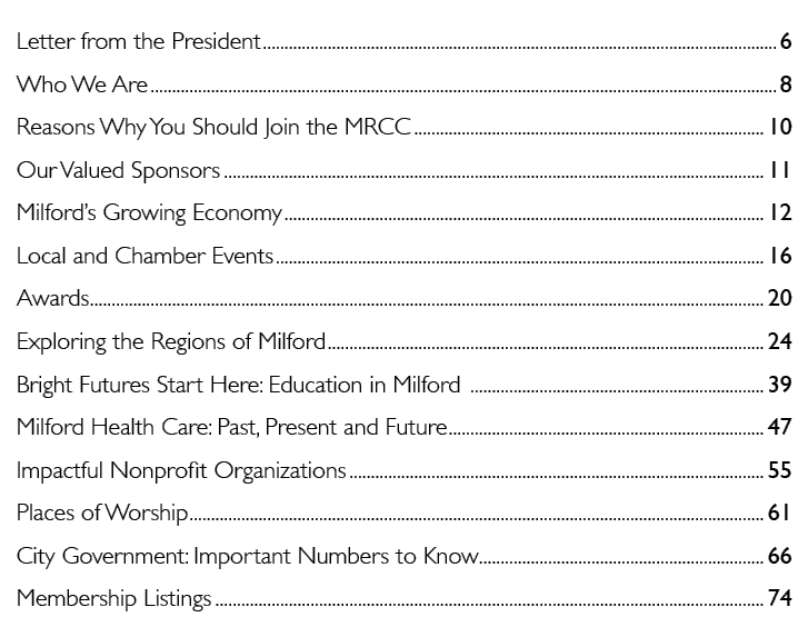 Letter from the President 6 Who We Are 8 Reasons Why You Should Join the MRCC 10 Our Valued Sponsors 11 Milford’s Gro...