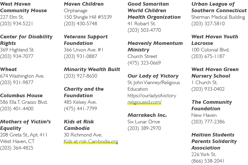 West Haven Community House 227 Elm St. (203) 934 5221 Center for Disability Rights 369 Highland St. (203) 934 7077 Wh...