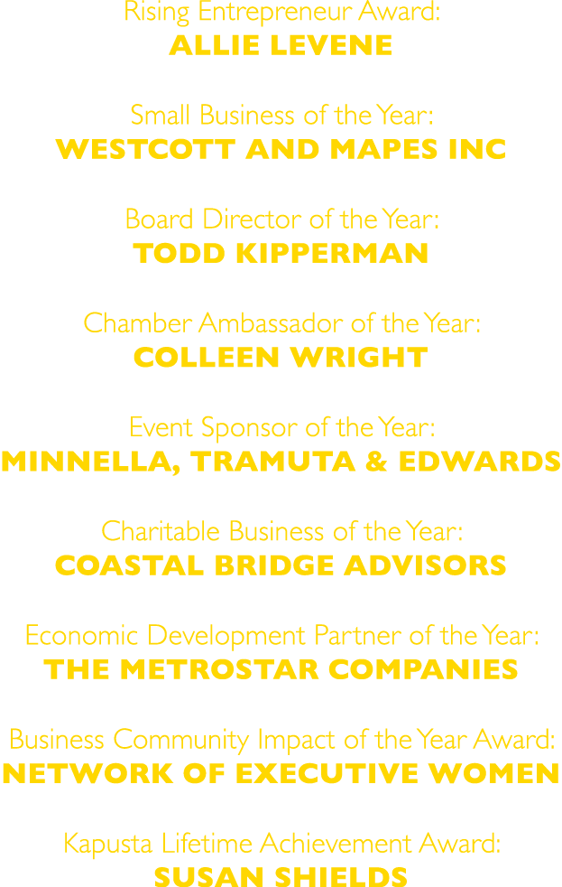 Rising Entrepreneur Award: ALLIE LEVENE Small Business of the Year: WESTCOTT AND MAPES INC Board Director of the Year...