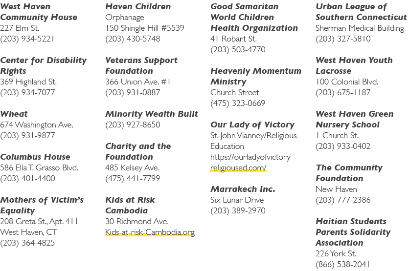West Haven Community House 227 Elm St. (203) 934 5221 Center for Disability Rights 369 Highland St. (203) 934 7077 Wh...