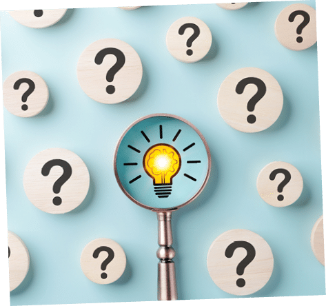 Finding Solutions Among Questions. Question marks on blue background, while magnifying glass focuses glowing light bulb, discovery of innovative solution, root cause analysis, ideas on problem solving