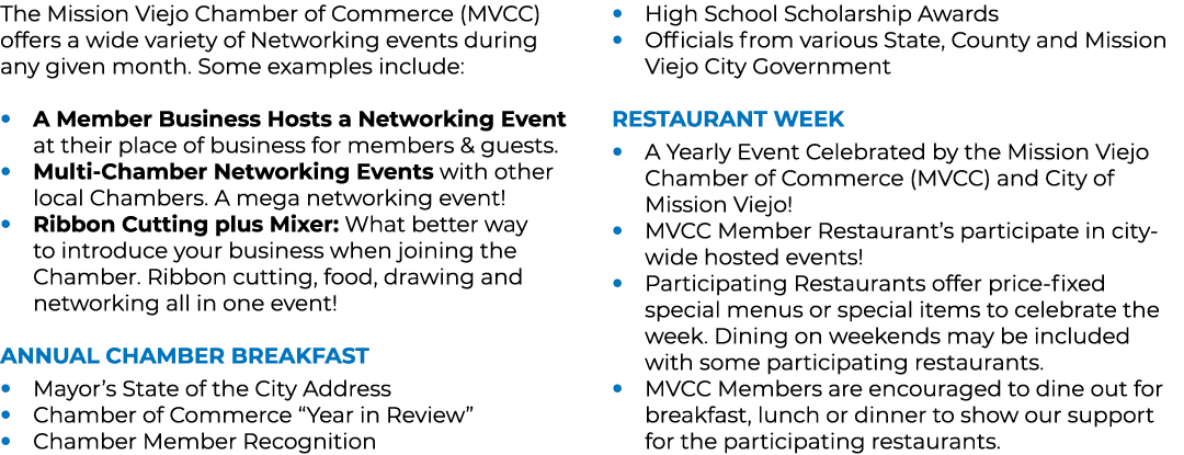 The Mission Viejo Chamber of Commerce (MVCC) offers a wide variety of Networking events during any given month. Some ...