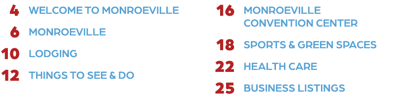  4 Welcome TO MONROEVILLE 6 MONROEVILLE 10 LODGING 12 THINGS TO SEE & DO 16 MONROEVILLE CONVENTION CENTER 18 SPORTS &...