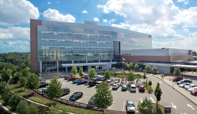 UPMC East (EST); 2775 Mosside Boulevard, Monroeville, PA 15146; (412) 357-3000; https://www.upmc.com/locations/hospitals/east; location; architectural; hospital; exterior; outdoor; outside; drone; signage; entrance; landscape; parking lot; campus;