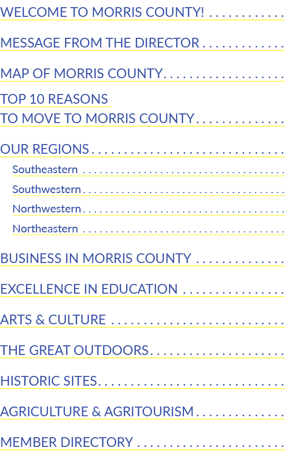 Welcome to Morris County   Message from the Director  Map of Morris County  Top 10 Reasons to Move to Morris County     