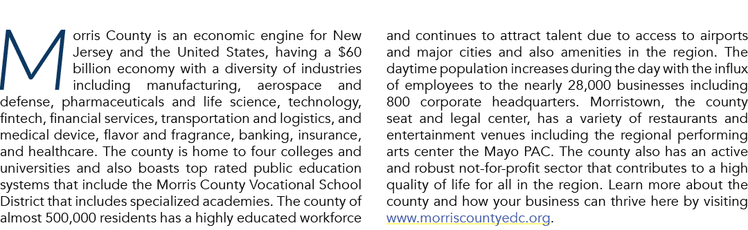 Morris County is an economic engine for New Jersey and the United States, having a  60 billion economy with a diversi   