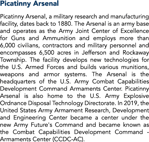 Picatinny Arsenal Picatinny Arsenal, a military research and manufacturing facility, dates back to 1880  The Arsenal    