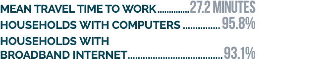 Mean travel time to work 27.2 minutes Households with computers 95.8% Households with broadband internet 93.1%