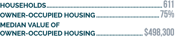HOUSeHOLDS 611 Owner occupied housing 75% Median value of owner occupied housing $498,300