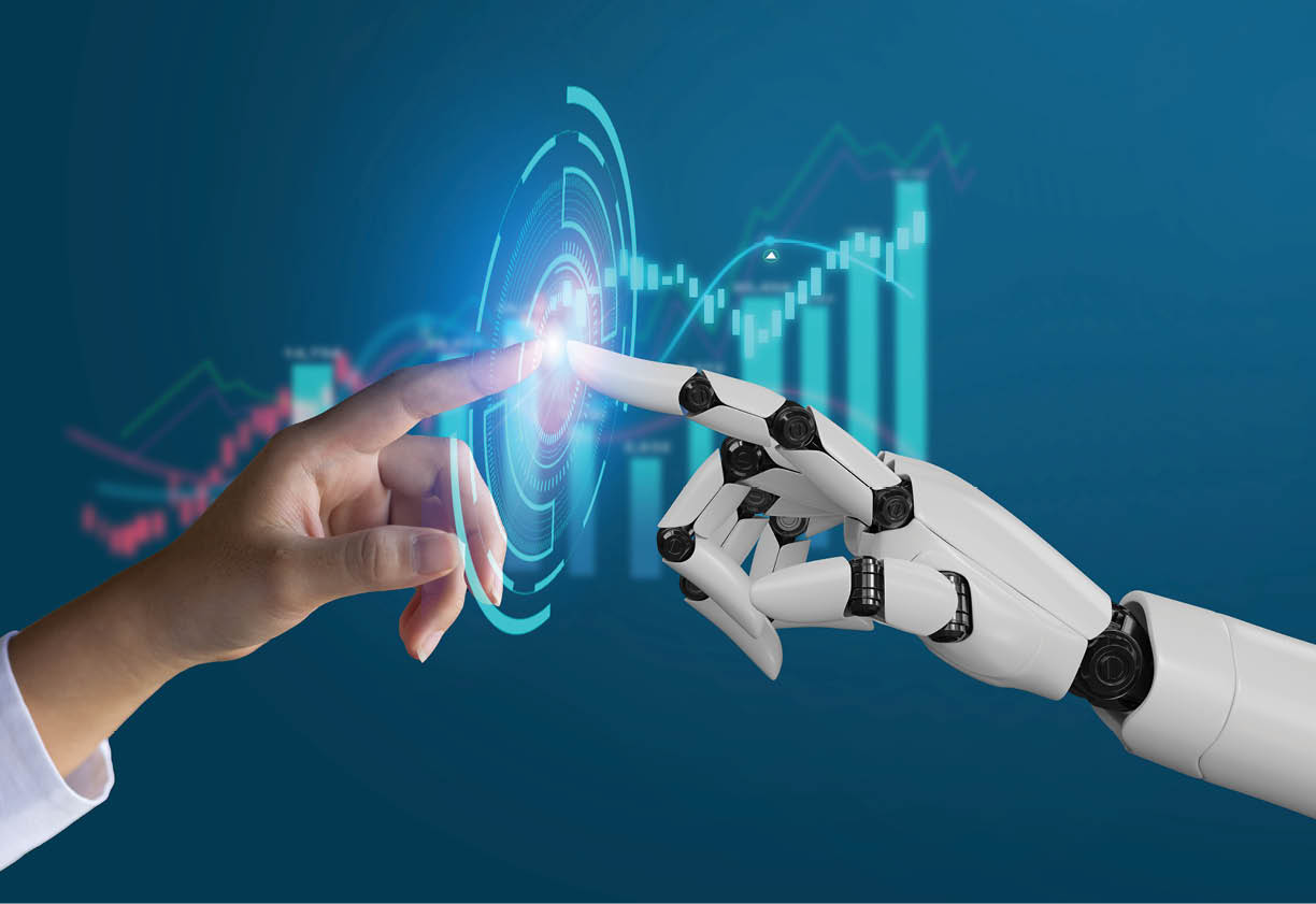 AI, Machine learning, robot hand ai artificial intelligence assistance human touching on big data network connection background, Science artificial intelligence technology, innovation and futuristic.