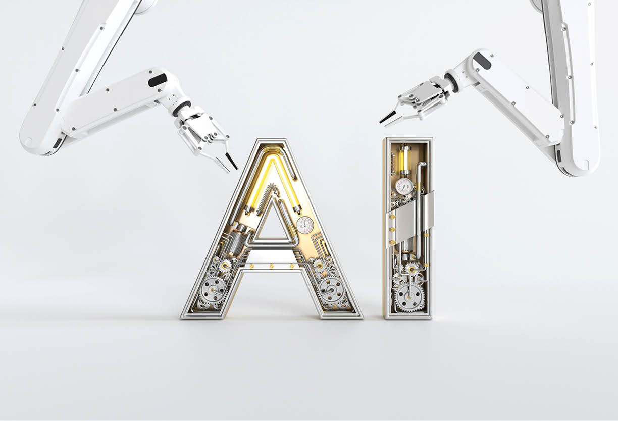 The robot arm is assembling the word AI, Artificial Intelligence. 3D illustration