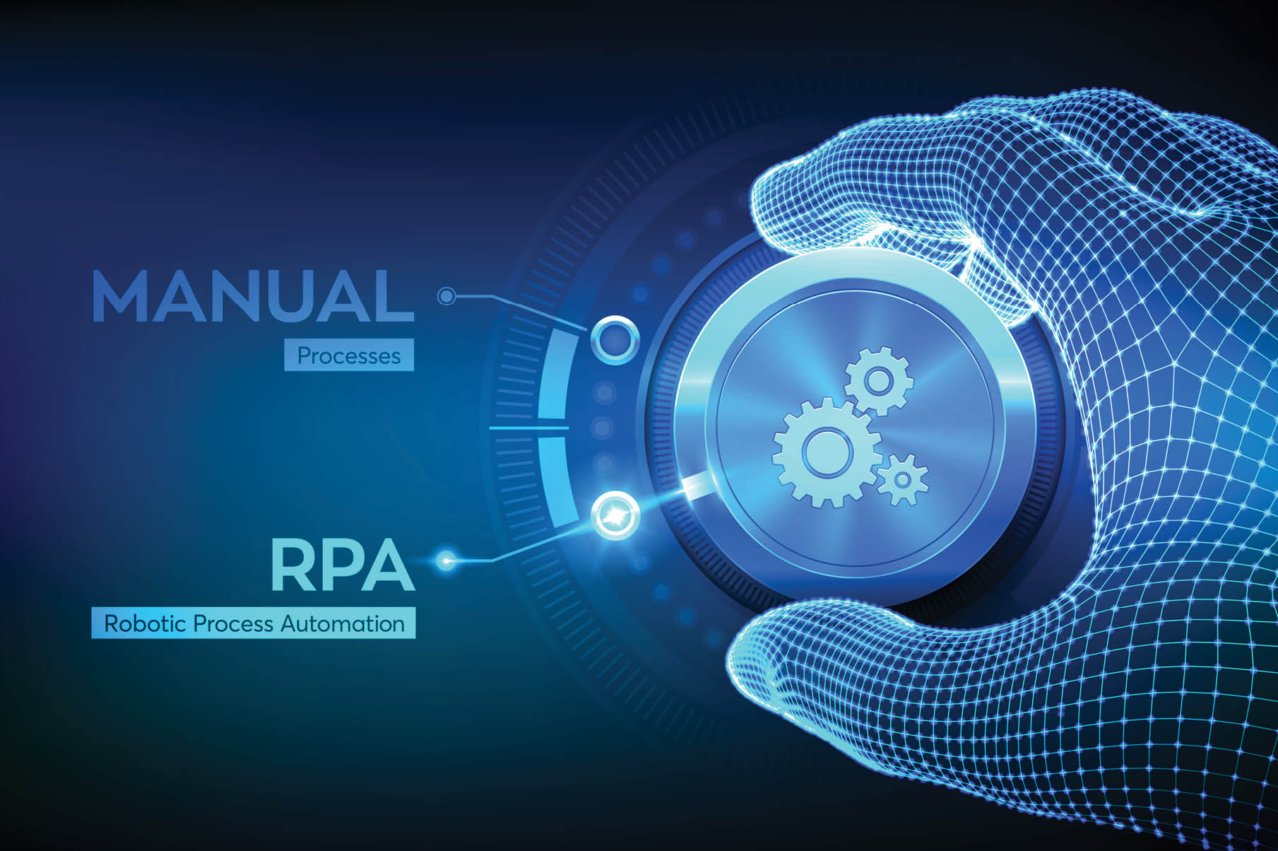 RPA Robotic process automation innovation technology concept. Wireframe hand turning a knob and selecting RPA mode. Intelligent system automation. AI. Artificial intelligence. Vector illustration.