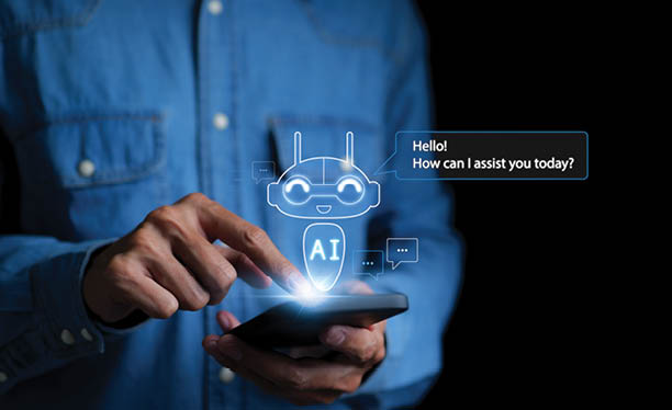 A.I., Chat with AI, Artificial Intelligence. Man using a smartphone chatting with an intelligent artificial intelligence asks for the answers he wants. by enter command prompt for generates,