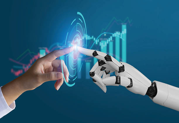 AI, Machine learning, robot hand ai artificial intelligence assistance human touching on big data network connection background, Science artificial intelligence technology, innovation and futuristic.