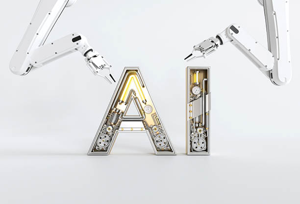 The robot arm is assembling the word AI, Artificial Intelligence. 3D illustration