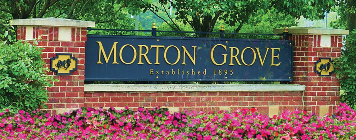 A sign for Morton Grove. Description generated by AI