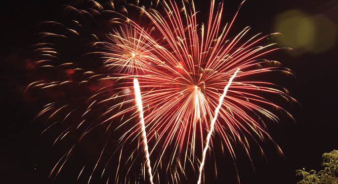 A firework display with red, white, and blue colors. Description generated by AI