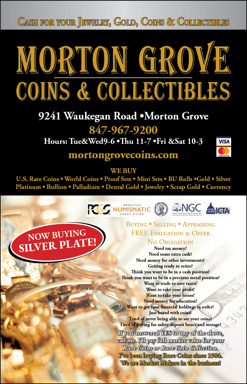 A flyer advertising Morton Grove Coins & Collectibles. Description generated by AI