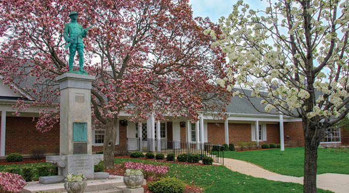 Morton Grove Library with Doughboy statue spring pics  Morton Grove Public Library   veteran