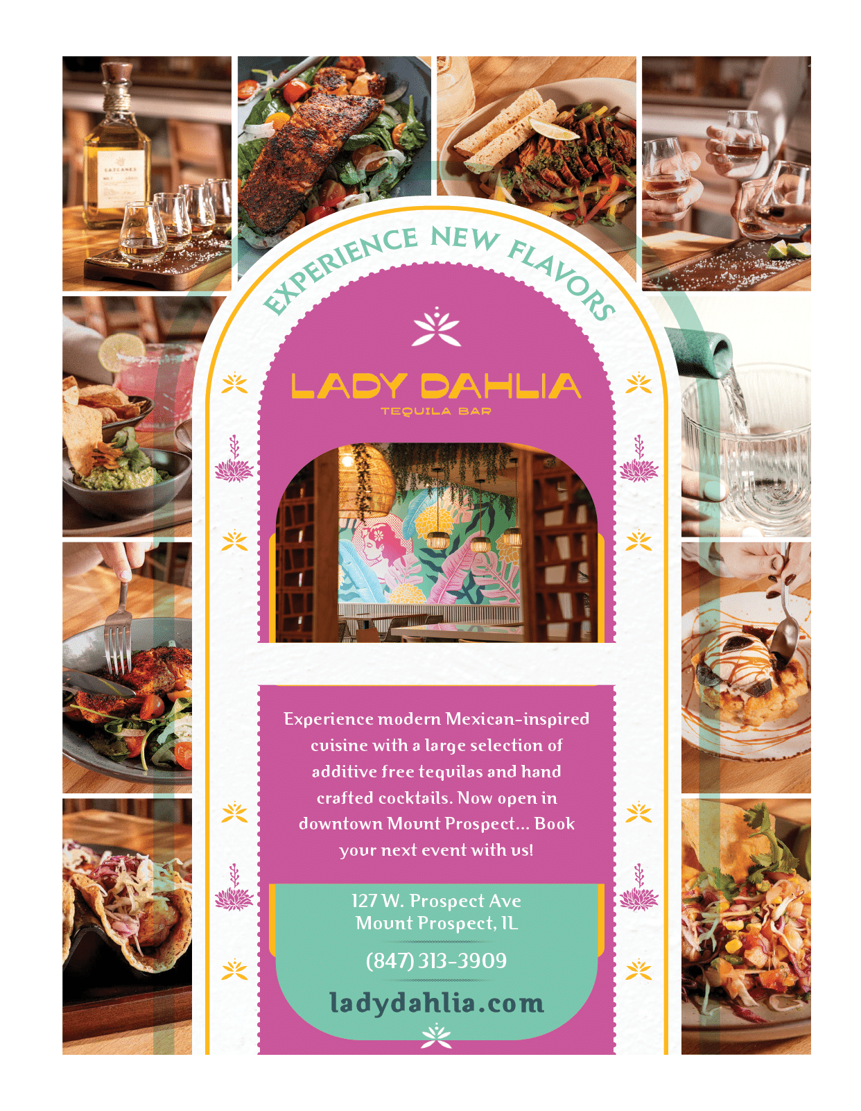 A colorful advertisement for Lady Dahlia, a restaurant featuring a variety of foods and drinks. AI generated content