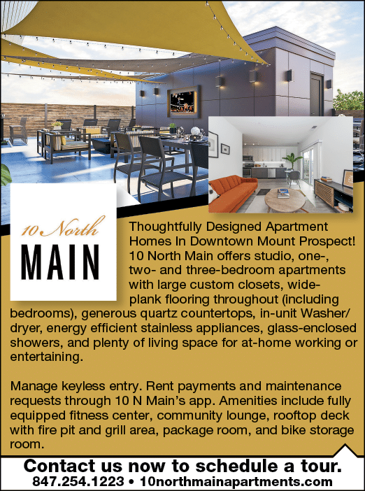 A flyer for 10 North Main Apartments in downtown Mount Prospect, featuring a photo of the building and a description of the amenities available. AI generated content