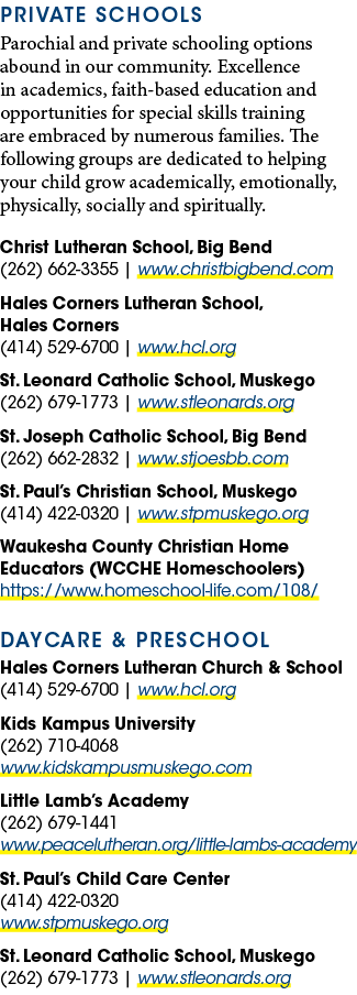PRIVATE SCHOOLS Parochial and private schooling options abound in our community. Excellence in academics, faith based...
