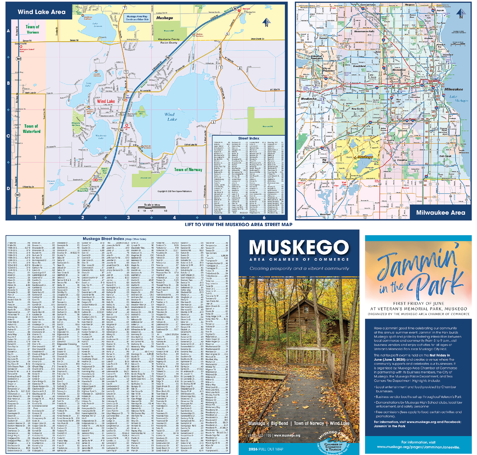 A map of Muskego, Wisconsin is displayed with a small house and a bench in the foreground. AI generated content