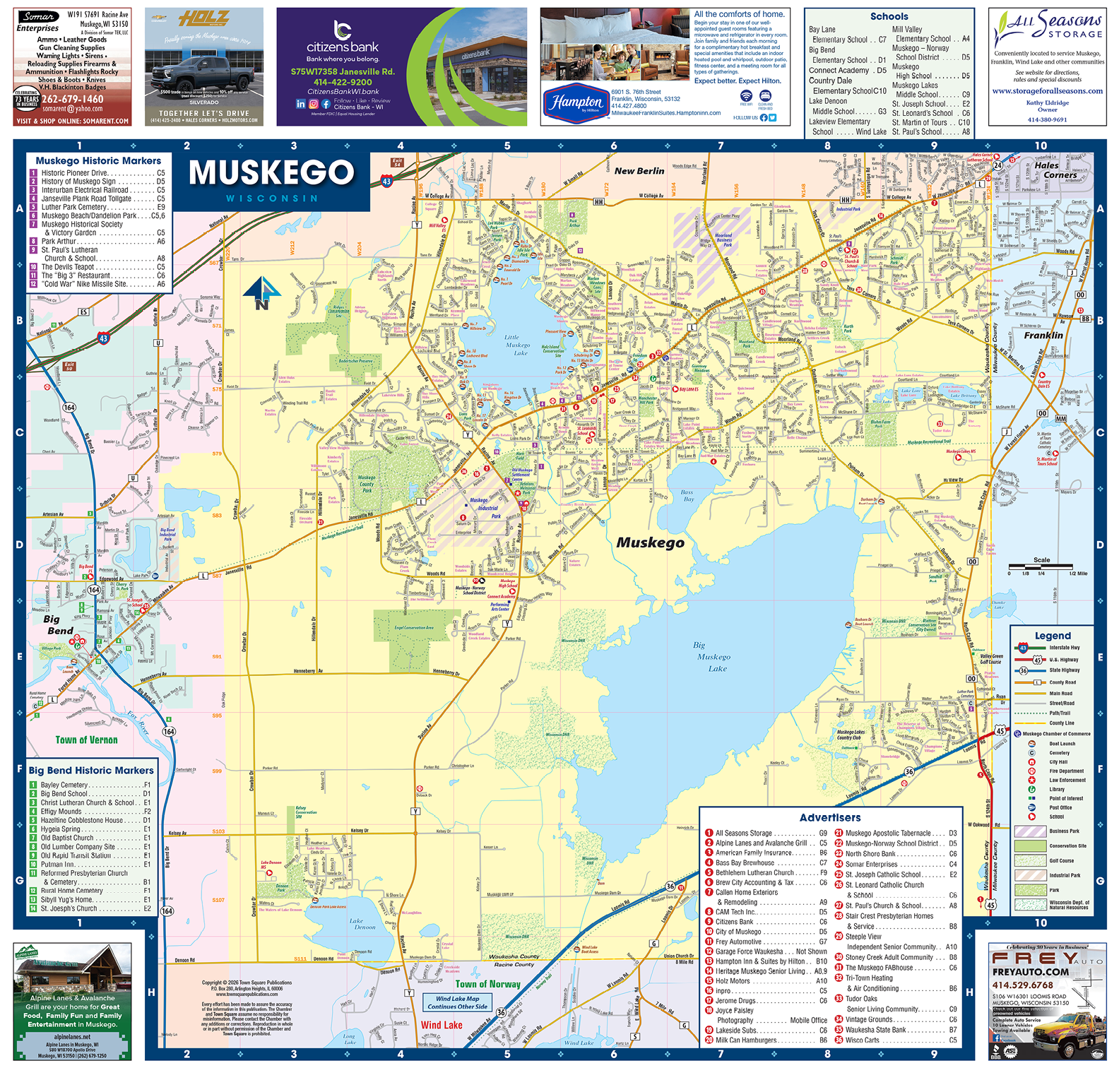 A map of Muskego, Wisconsin shows streets, buildings, and a lake. AI generated content