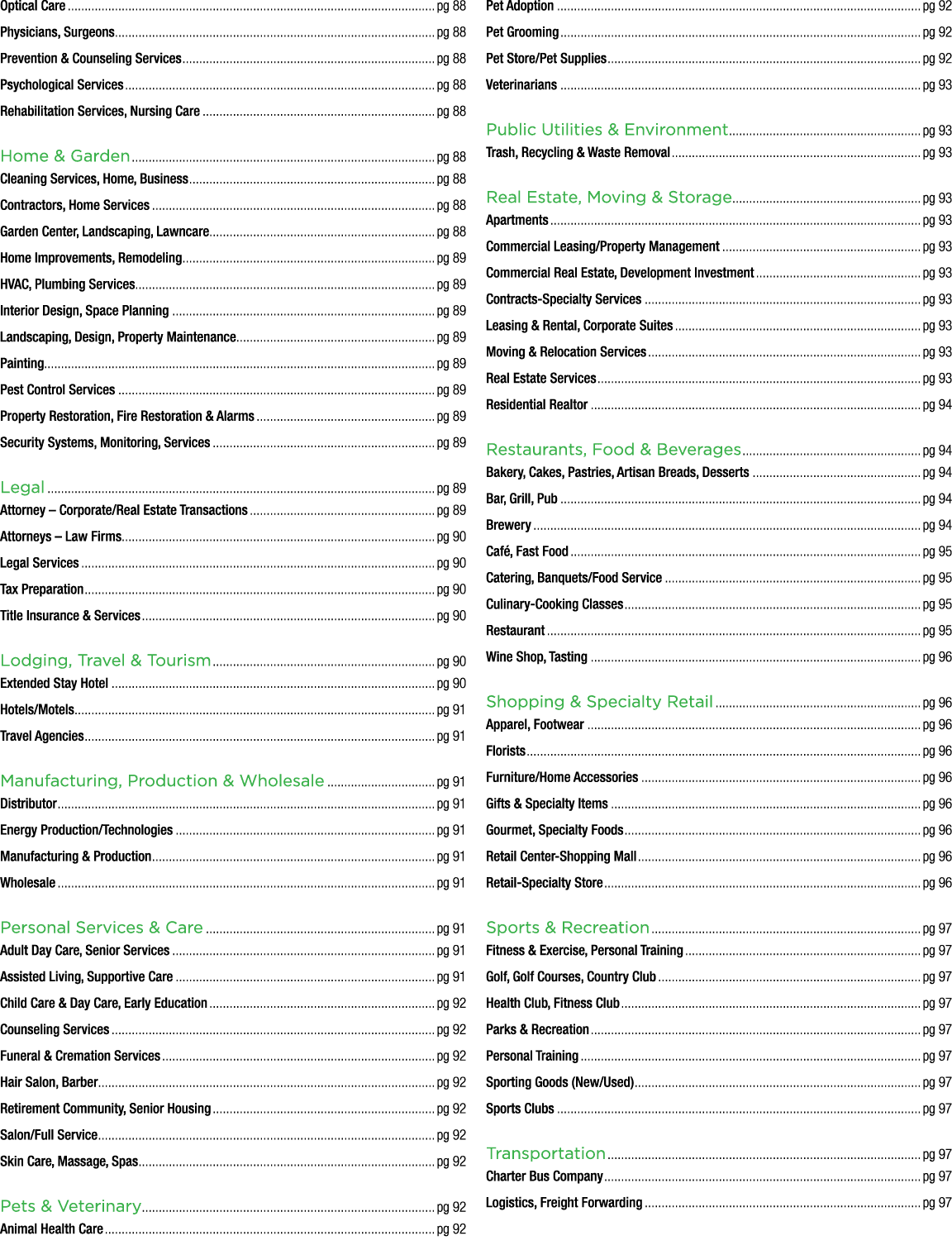 Optical Care pg 88 Physicians, Surgeons pg 88 Prevention & Counseling Services pg 88 Psychological Services pg 88 Reh...