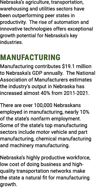 Nebraska’s agriculture, transportation, warehousing and utilities sectors have been outperforming peer states in prod...