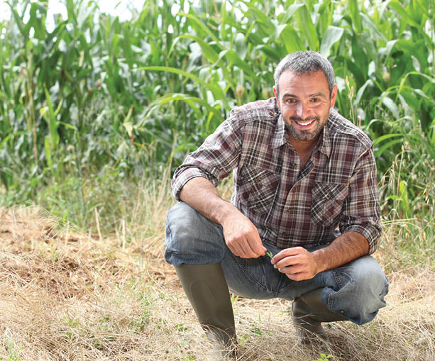 Farmer kneeling by crops