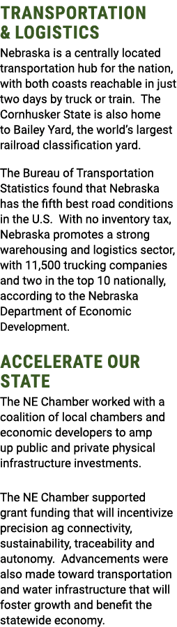 TRANSPORTATion & Logistics Nebraska is a centrally located transportation hub for the nation, with both coasts reacha...