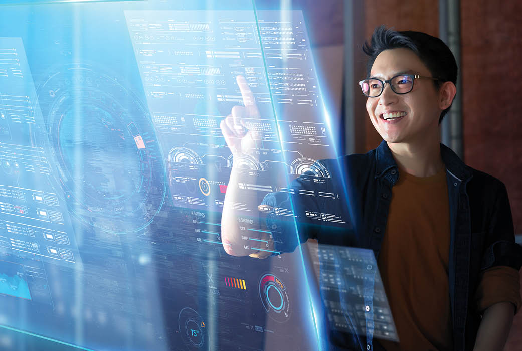 young asian entrepreneur male planing with virtual screen device business strategy ideas concept