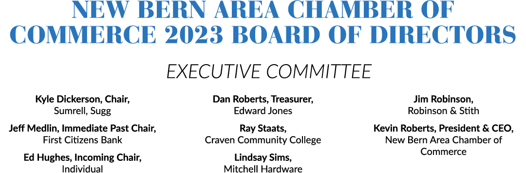 New Bern Area Chamber of Commerce 2023 Board of Directors EXECUTIVE COMMITTEE Kyle Dickerson, Chair, Sumrell, Sugg Je...