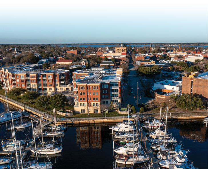 New Bern North Carolina - January 19 2022: View of Downtown New Bern North Carolina looking North from the Marina