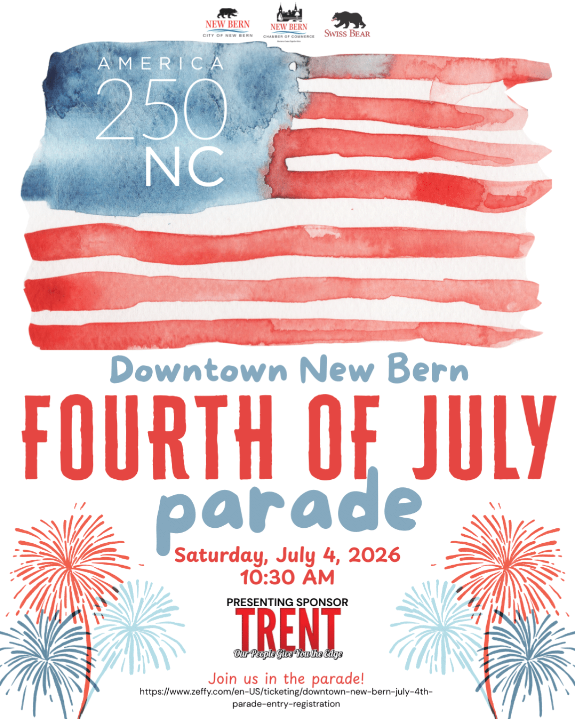 A poster advertising a parade in New Bern, NC. Description generated by AI
